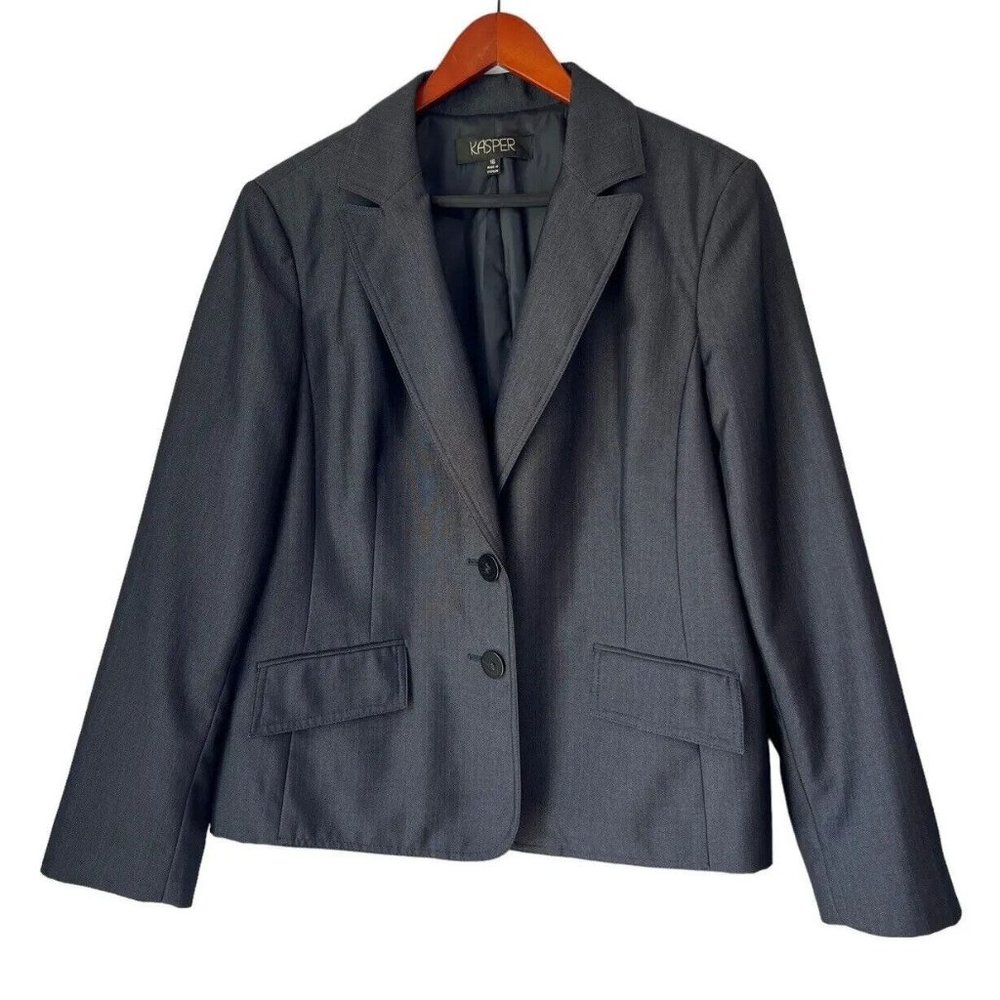 Kasper Womens Suit Blazer Jacket 16 Dark Blue Two Button Notch Lapel Career